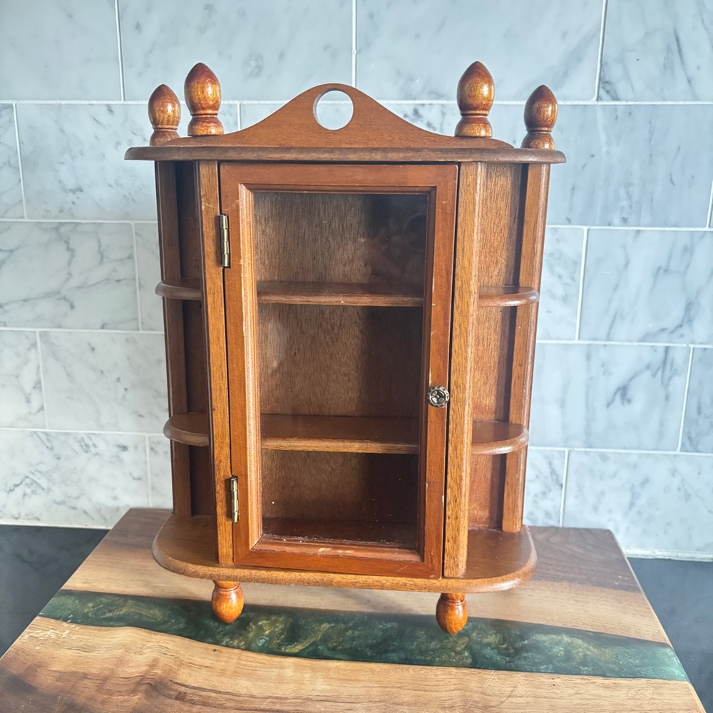 Vintage 11.75” Wood and Glass Curio Display Cabinet - Table Top or Wall Hanging